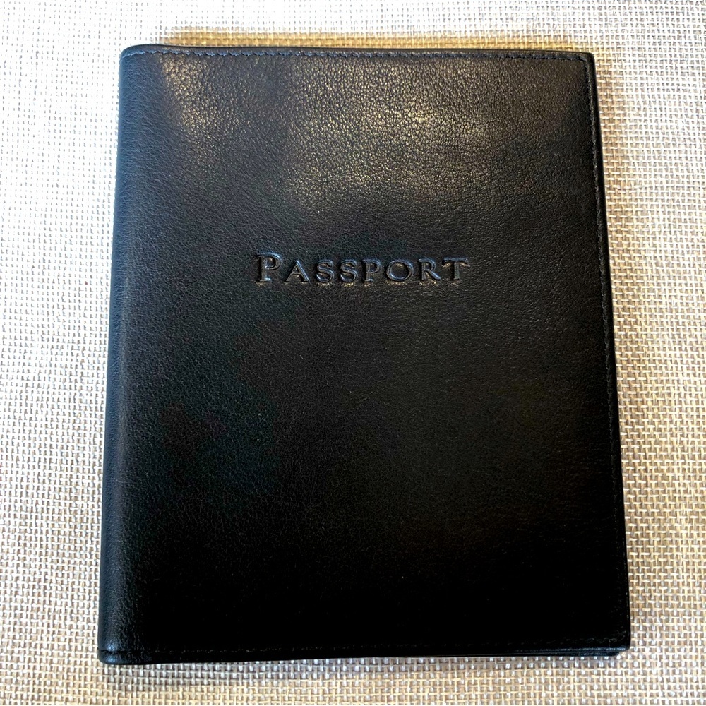 NWOT Black leather Passport holder with credit card and ID slots and pocket OS